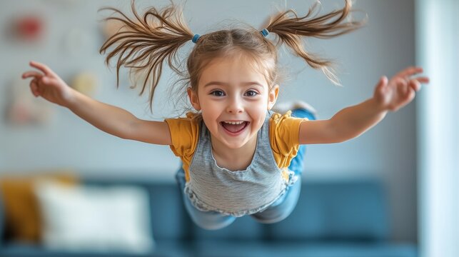 Excited child girl playing at home flying like a superhero