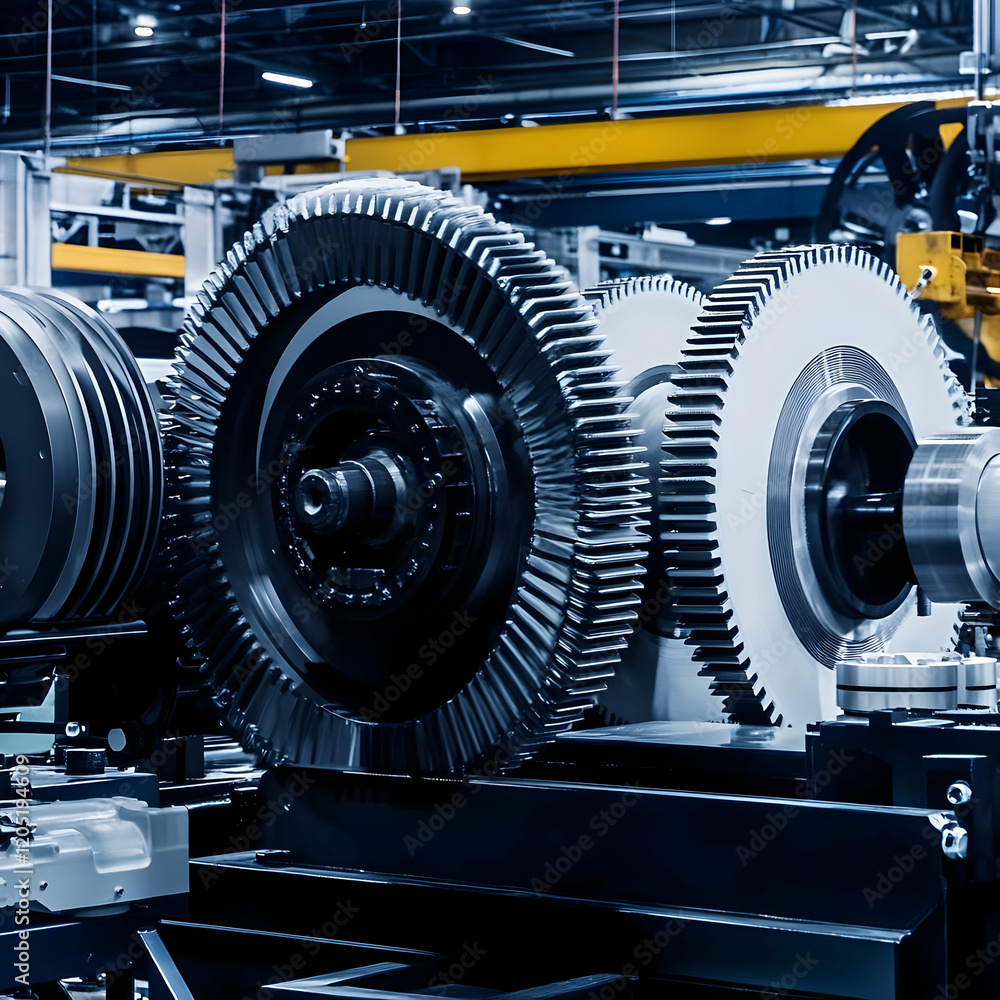 Poster industrial gear system with interlocking components displaying precision engineering in factory sett
