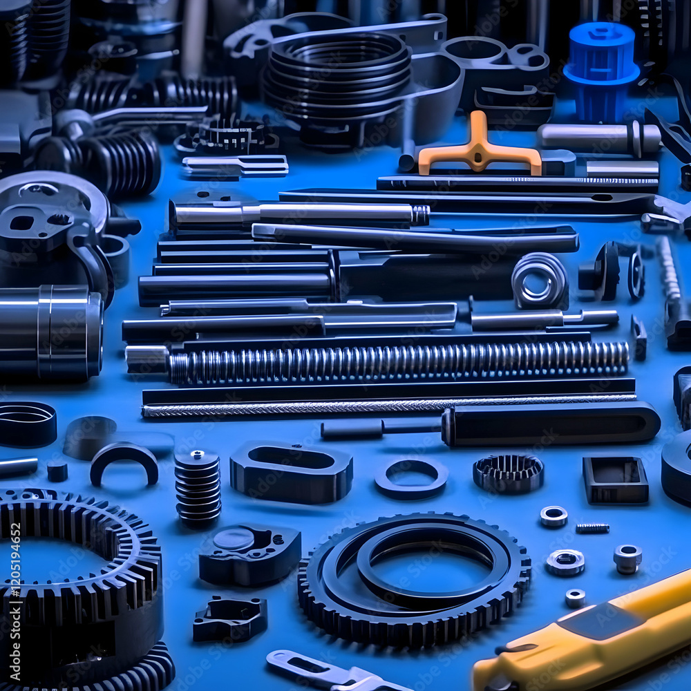 Poster various mechanical parts arranged on a blue background displaying industrial components and engineer