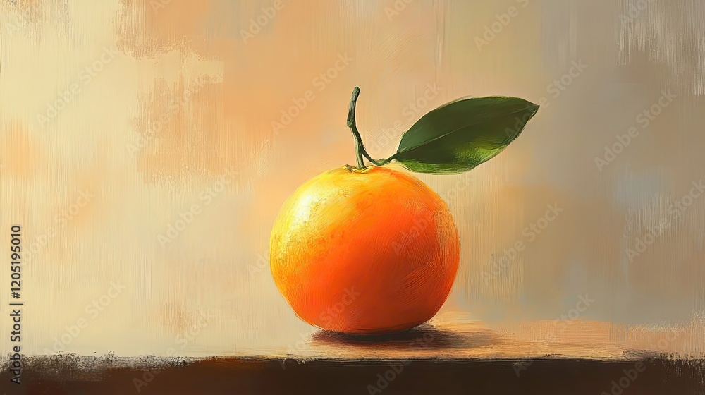 Canvas Prints A Single Orange With A Leaf Rests On A Dark Surface