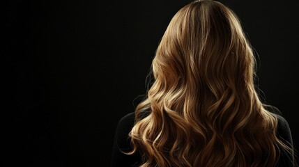Fototapeta premium Woman's long wavy blonde hair, rear view, dark background, beauty salon