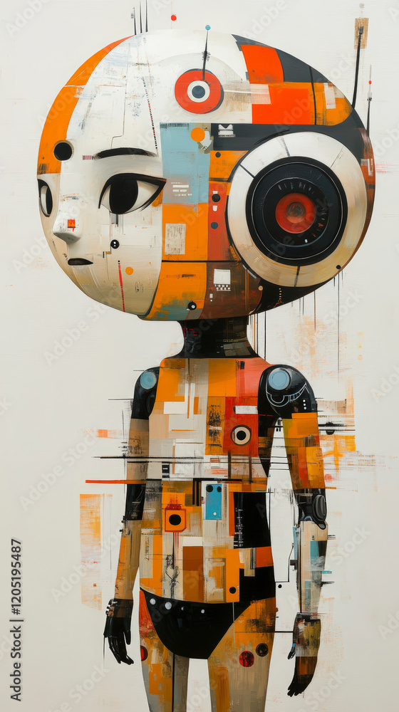 Poster futuristic abstract art featuring a robot with geometric patterns and vibrant colors, perfect for mo
