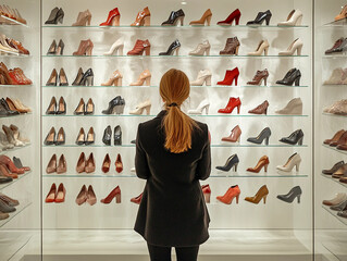 A woman is looking at a shoe rack with many different shoes
