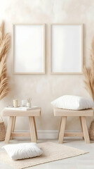 Two Empty Frames Mockup on Wall with Wooden Tables, Pampas Grass, and Rug in Neutral Room Decor