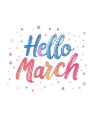 Abstract background with watercolor colorful splashes and dots decorations. Hello March - modern calligraphy lettering. Spring concept background.