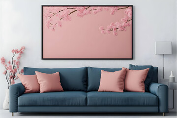 Modern living room features a blue sofa, pink pillows, and artwork with pink flowers adorning the wall.