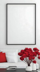Blank Frame Mockup on Wall with Sofa, Red Flowers, and Books in Modern Living Room