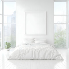 White Bedroom Interior Design Mockup with Large Windows, Bed and Plant Comfortably and Elegantly.