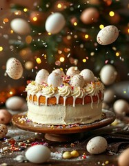 Festive Easter cake decorated and eggs in the air.