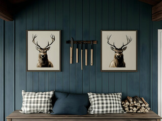 Rustic Cabin Interior Shows Two Deer Portraits, Tool Rack, Wooden Bench, and Pillows