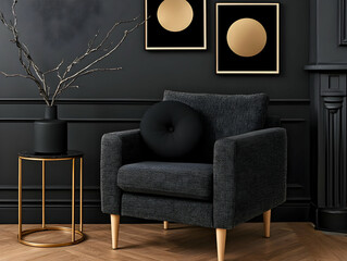 Dark Interior Design with Black Armchair, Gold Accents, and Abstract Art Prints