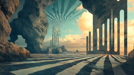 Abstract Landscape with Stone Formations and Striped Ground