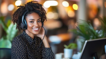Businesswoman with Headset Engaged in Analytics Review on Tablet in Modern Workspace with Warm Ambient Lighting and Open Concept Design