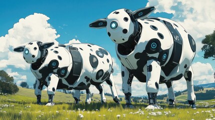 Cartoon Style Robots as Farm Animals in a Bright Countryside Setting, Featuring Robotic Cows Under Midday Sky with Rolling Green Fields and Fluffy Clouds, Managed by AI Technology