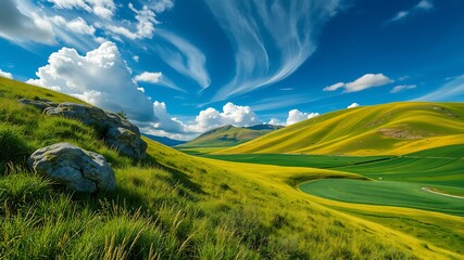 Obraz premium Rolling green hills and vibrant yellow fields under a vivid blue sky with dramatic clouds, a scenic landscape photograph.