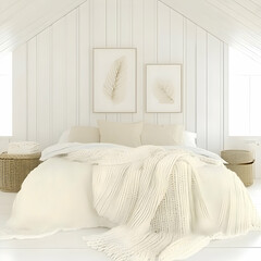 White Minimalist Bedroom Design Showcases Cozy Bed with Knit Throw and Neutral Decor Accents