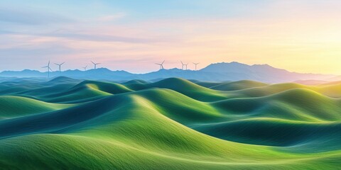 Obraz premium Golden hour panoramic view of rolling hills with wind turbines sustainable landscape nature scenic perspective