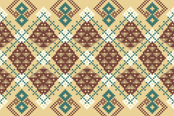 Fototapeta premium Cross Stitch pattern with Floral Designs. Traditional cross stitch needlework. Geometric Ethnic pattern, Embroidery, Textile ornamentation, fabric, Hand stitched pattern, Cultural stitching pixel art.
