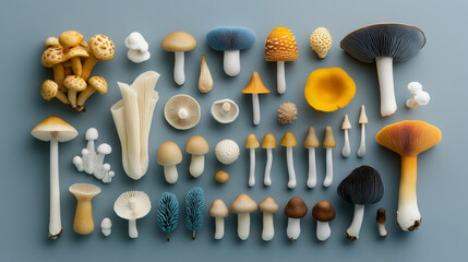 Explore diverse mushroom varieties with vibrant colors and unique shapes, ideal for educational purposes and natural science enthusiasts.