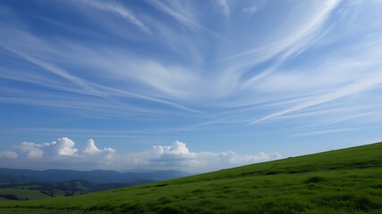 Fototapeta premium Serene landscape photograph of a rolling green hill under a vast blue sky with wispy cirrus clouds and distant mountains.