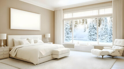 Fototapeta premium Modern white bedroom interior displays a snowy winter landscape viewed from the window serenely.