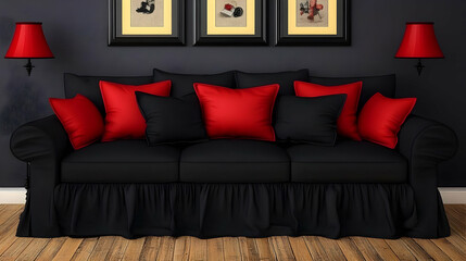 Black Sofa with Red Pillows Stands in a Dark Room with Two Red Lamps and Framed Pictures