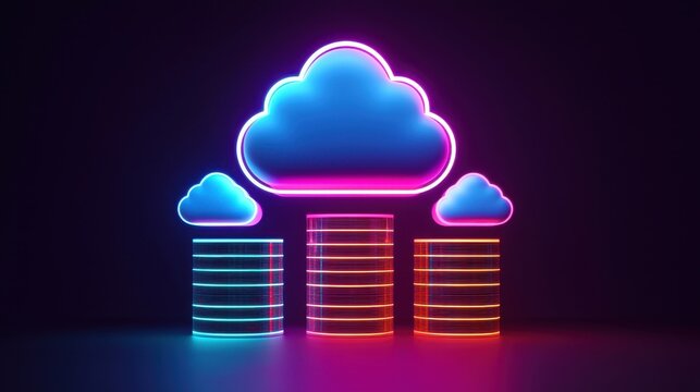 A vibrant, illuminated cloud symbol surrounded by stacked data servers, representing modern cloud computing and digital storage solutions.