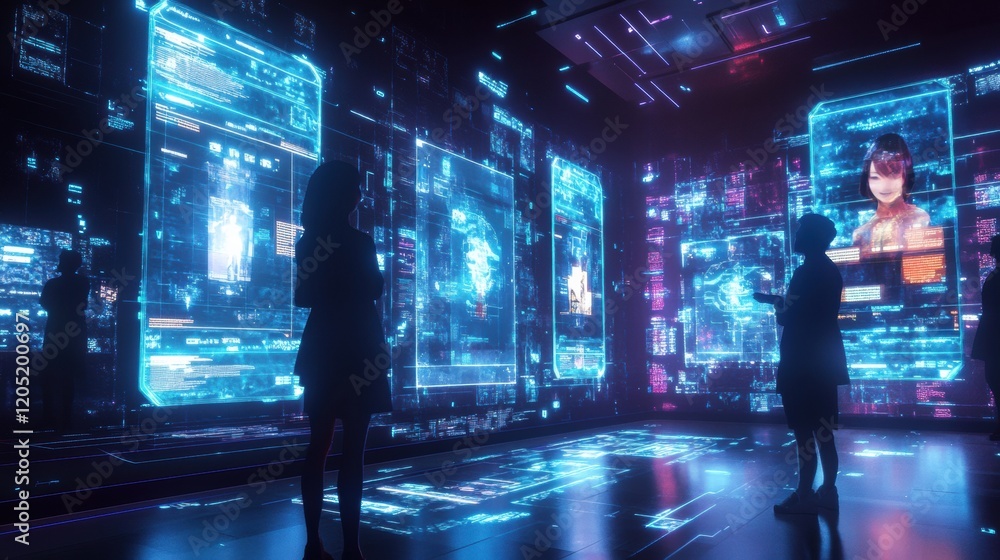 Poster exploring futuristic technology in a high tech environment with interactive holograms and data displ