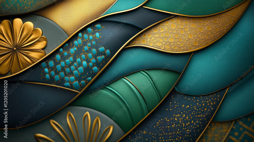 Poster intricate abstract art with gold, teal, and green textures creating elegant patterns for captivating