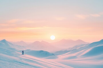 Skier Descending Snowy Slope with Panoramic Mountain View and Sunrise