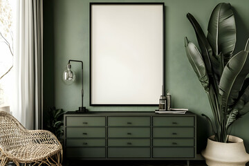 Modern Interior Design with Blank Frame, Green Wall, and Large Plant Creates a Serene Ambiance Perfectly.