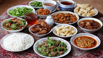Delicious traditional feast home setting food photography cozy atmosphere top-down view culinary celebration