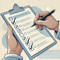 A clean and professional illustration of hands holding a clipboard, completing a checklist with checkmarks, symbolizing organization, productivity, and task management.