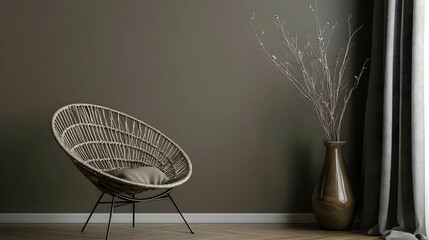 Modern Interior Design with Wicker Chair, Dried Branches, and Floor Vase