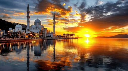 Obraz premium Majestic sunset over grand mosque waterfront nature serenity panoramic view tranquil beauty