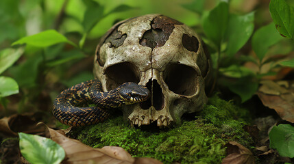 Weathered skull with snake in natural setting. Perfect for wildlife interaction, natural cycles, or forest mysteries.