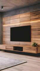 Modern Living Room Interior Design Showcases a Flat-Screen TV Mounted on a Wooden Wall with Soft Lighting and a Cozy Rug.