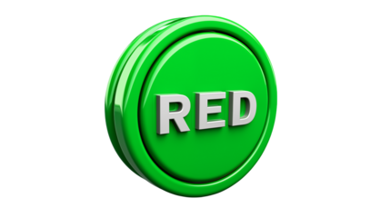 Green Circular Button with Red Text Graphic Element isolated on transparent background