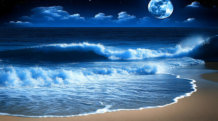 Ocean Waves Crashing on the Shore Under a Full Moon and Starry Night Sky