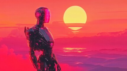 Surreal Humanoid Robot Silhouette in a Desert Landscape Bathed in Pinkish Twilight Under a Digital Sun with an Infinite Horizon - A Vision of Futuristic Serenity