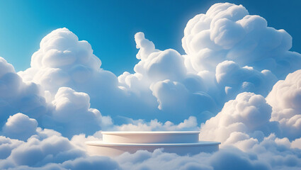 a white circular podium with sky and clouds in the background
