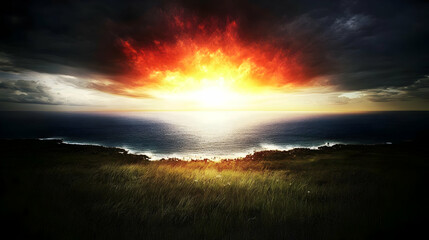 Fototapeta premium Fiery Sunset Illuminates Ocean and Grassy Coastline, Creating a Dramatic Landscape.