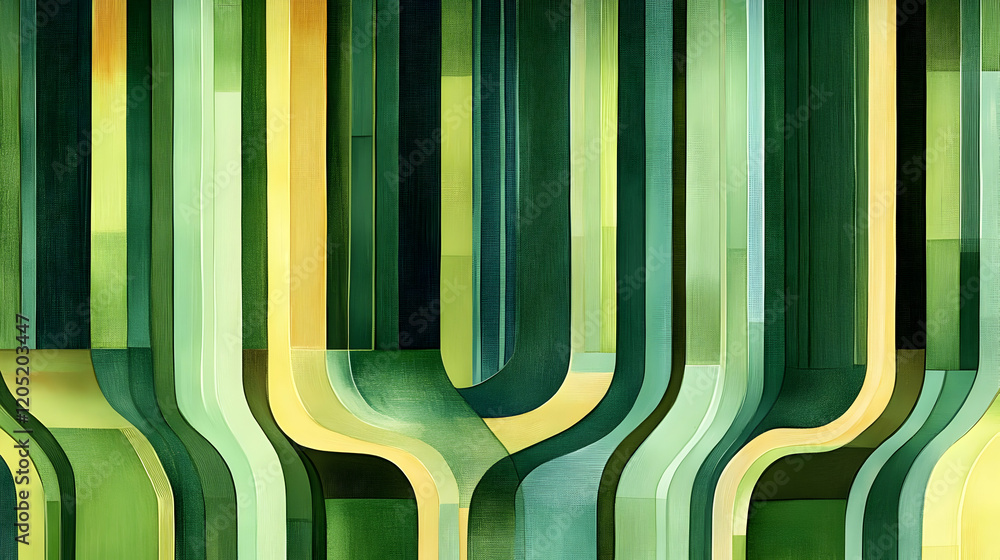 Poster Abstract Green and Yellow Vertical Stripes Form a Wavy Pattern, Creating a Modern and Dynamic Background.