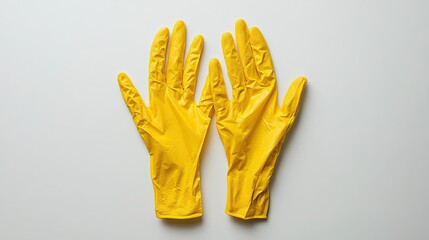 Peace sign made with yellow gloves on a white background, combining simplicity and a quirky take on themes of positivity and cleanliness