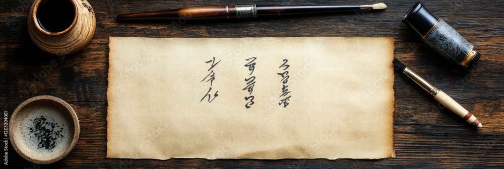 Poster elegant calligraphy creation on aged parchment with traditional writing tools in a serene workspace.