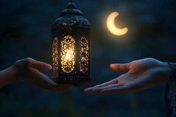 Sharing the Light of Ramadan: A Festive Lantern Passing Between Hands Under the Crescent Moon