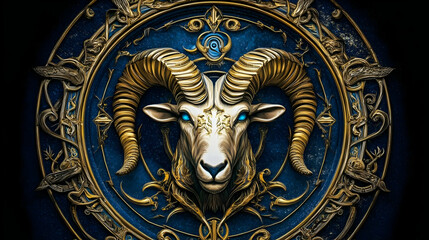 Majestic Ram Illustration with Golden Horns in Ornate Blue and Gold Frame Exuding Power