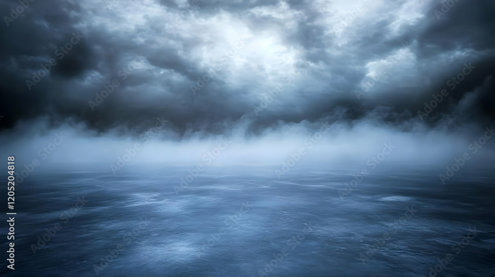 Poster dark and moody ocean scene with fog and stormy clouds background
