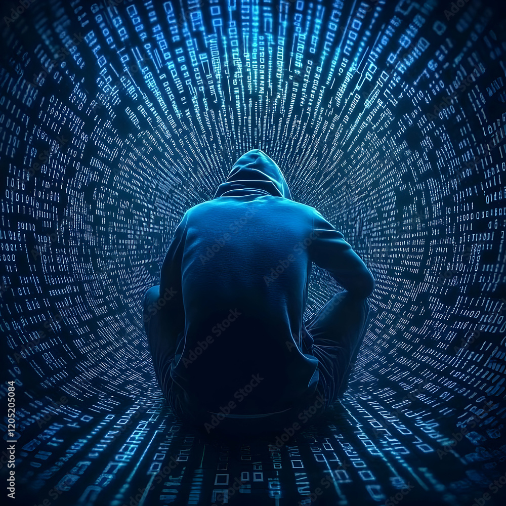 Poster hooded figure sits amidst binary code streams in digital illustration