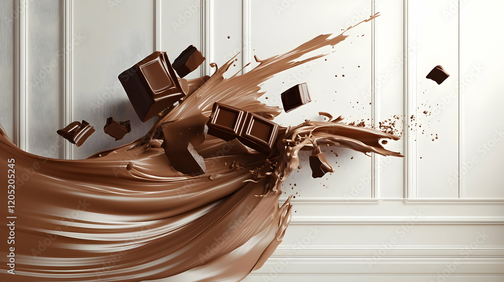 Poster liquid chocolate splash with chocolate chunks dynamically exploding against a white background